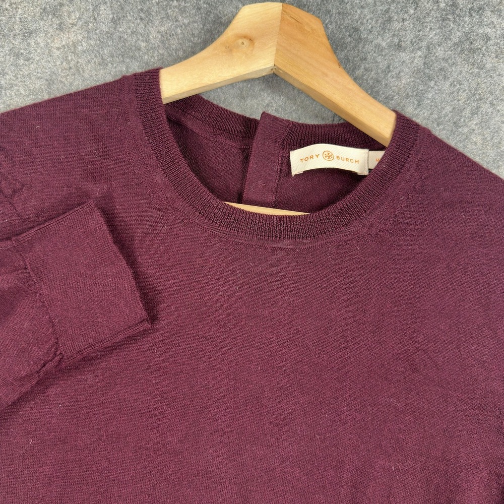 Tory Burch Sweater Womens Medium Purple 100%‎ Merino Wool Button Back Logo Knit